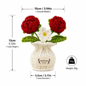 Planta en maceta de rosas de ganchillo hecha a mano, decoración de escritorio, 13cm, 50g.