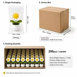 Häkel-Gänseblümchen Topfpflanze Detail mit OPP-Beutel Verpackung und Kartonmaße.
