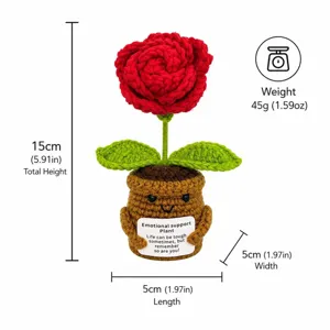 Planta de rosa de ganchillo en maceta hecha a mano con tarjeta de apoyo emocional, lindo regalo.