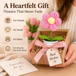 Handmade crochet flower potted plant gift box detail, lovely desk decor for friends and family.