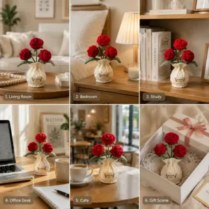 Planta en maceta de rosas rojas de ganchillo artesanal ramo tejido decoración de escritorio
