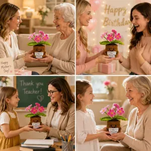 Escena detallada que muestra plantas en maceta de crochet regaladas para varias ocasiones.