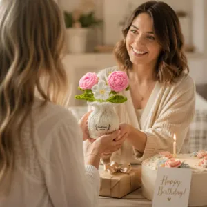 Planta de maceta de rosas de ganchillo hecha a mano flor tejida decoración de escritorio regalo