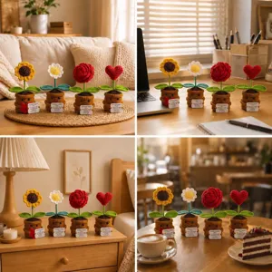 Plantas en maceta de ganchillo hechas a mano apoyo emocional flores tejidas lindas regalo.