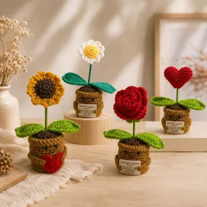 Adorno de Maceta de Flores de Apoyo Emocional Hecho a Mano a Ganchillo Con Tarjeta Mensaje Positivo Rosa Tejida Girasol Decoración de Escritorio Regalo Mujer