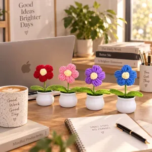 Handmade crochet puff flower potted plant, cute knitted desk ornament for home office and gifts.