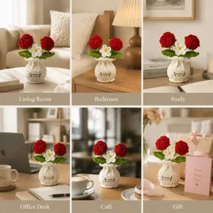 Planta en maceta de rosas de ganchillo hechas a mano decoración de escritorio tejida regalo.