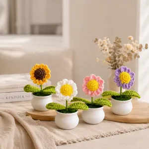 Handgemachte gehäkelte Topfblume Tischdekoration, künstliche Strick Gänseblümchen Deko.