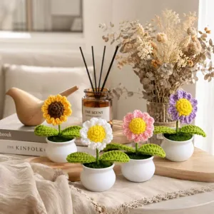 Handgefertigte Häkel- Strickblumen Topfpflanze Gänseblümchen Rose Maiglöckchen Tulpe Künstliche Topfpflanze Für Zuhause Schreibtisch Deko Geschenk