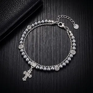Bracelet de perles double rang avec pendentif croix pour hommes et femmes, bijoux tendance.