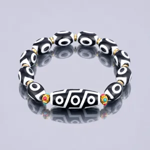 Tibetan Nine-Eye Dzi Bead Bracelet Black White Totem Stone Mens Womens Fashion Jewelry