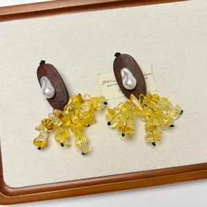 Vintage wooden yellow crystal tassel earrings elegant pearl stud jewelry for women chic accessory