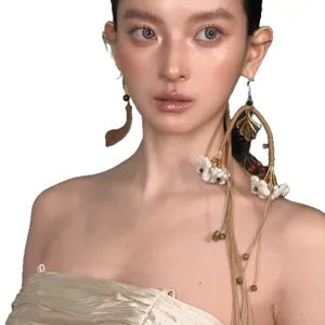 Vintage dried flower long tassel earrings for women, artistic niche design runway bridal jewelry.