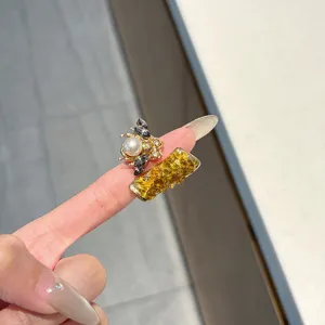 European retro style colorful crystal insect open ring, metal chic geometric finger jewelry.