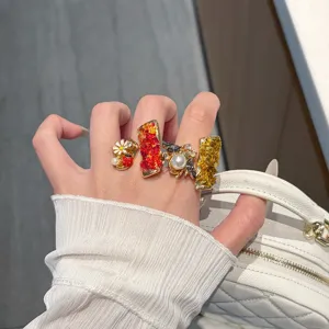 Chic vintage style multi-ring set with colorful resin stones and cute insect charms for women.