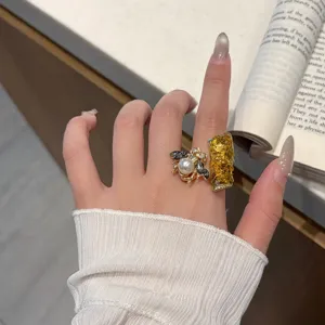 Vintage style insect open ring with pearls and colorful rhinestones for women, statement jewelry.