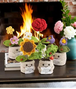 Set di piante in vaso all'uncinetto, simpatico vaso di girasole lavorato a maglia con carta.