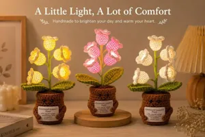 Detailed view of handmade crochet flower night light potted plant with emotional support card.