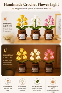 Handmade crochet flower night light cute potted plant gift cozy home decor LED lamp
