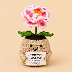 Handmade crochet peony potted plant with encouragement card, cute emotional gift doll details.