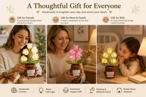 Handmade crochet lily of the valley night light potted plant with emotional support card.