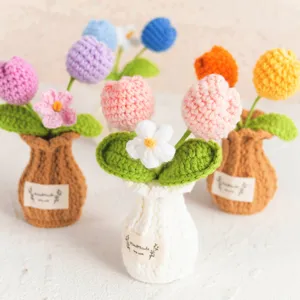 Hand-knitted crochet tulip potted plant, cute handmade flower desktop decor for home.