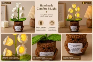 Handmade crochet lily of the valley night light potted plant, cozy emotional support gift detail.