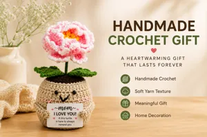 Handmade crochet peony flower potted plant with cute face and greeting card, perfect heartwarming gift.