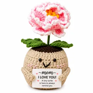 Handmade crochet peony flower potted plant with cute face pot and emotional greeting card