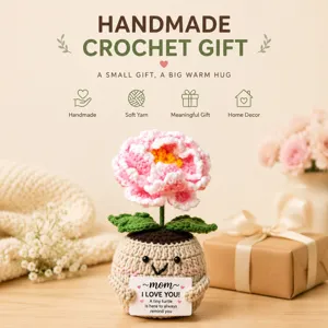Handmade crochet peony potted plant with encouragement card, cute emotional wool doll decor.