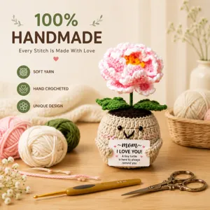 Handcrafted crochet peony flower potted plant with emotional card, soft yarn knit decor.