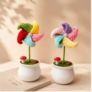 Handgemaakt Gebreid Wol Windmolen Potplant Haken Kleurrijke Bloem Desktop Ornament Keramische Pot Huisdecoratie Cadeau