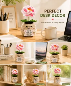 Handmade crochet peony potted plant with cute face and warm message card for desk decor.