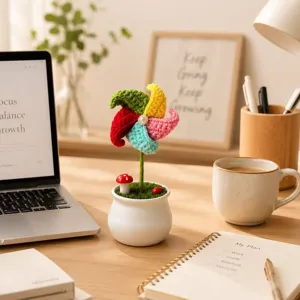 Handgemaakte gehaakte garen windmolen potplant kleurrijke bloem schattige desktop ornament decoratie