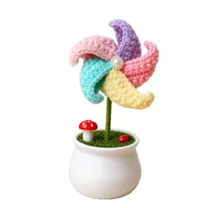 Handgemaakte gehaakte windmolen potplant, kleurrijke gebreide wol bloem schattig bureau decor.