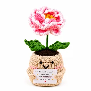 Handcrafted crochet peony potted plant with positive encouragement card cute emotional doll gift.