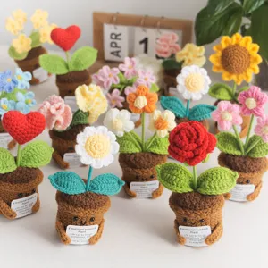 Piante in vaso all'uncinetto fatte a mano supporto emotivo fiori lavorati a maglia.