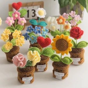 Pianta in vaso all'uncinetto fatta a mano con carta di supporto emotivo, grazioso bouquet decoro.