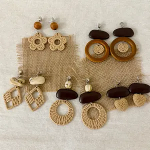 Bohemian rattan woven flower and geometric drop earrings set, perfect for beach vacation.