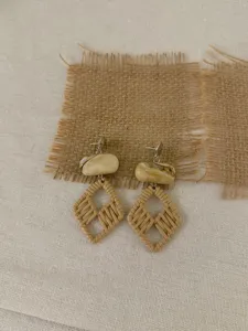 Bohemian rattan drop earrings, woven diamond pendant, chic vacation style fashion jewelry.
