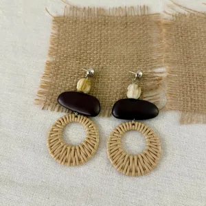 Bohemian woven rattan dangle earrings, summer resort style geometric drop earrings for women