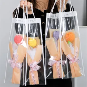 Ramo de Flores de Punto Hecho a Mano Flores Artificiales Para El Día del Maestro Graduación Boda Regalo Decoración del Hogar Flores de Ganchillo Con Bolsa de Regalo Transparente