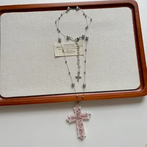 Schattige cartoon kaomoji kruis ketting zoete cool stijl kralen trui ketting niche ontwerp accessoire