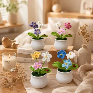 Handmade Crochet Forget-Me-Not Artificial Potted Plant Ceramic Pot Yarn Knitted Flower Bouquet Desk Ornament Home Office Table Decor