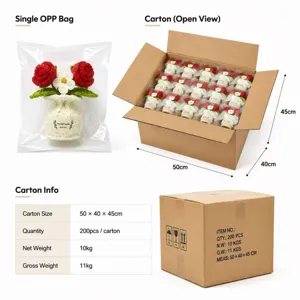 Detalles de embalaje de planta en maceta de rosa tejida a mano tamaño de caja y bolsa.