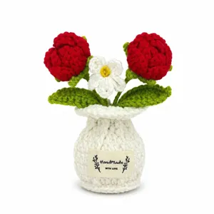 Planta de maceta de rosa de ganchillo hecha a mano jarrón tejido decoración de escritorio