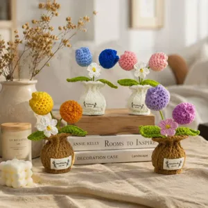 Planta en Maceta de Tulipán Rosa Tejida a Mano Flor de Simulación de Ganchillo Decoración de Escritorio Decoración en Maceta