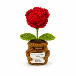 Planta en maceta de rosa tejida a mano con tarjeta de apoyo emocional, lindo peluche.