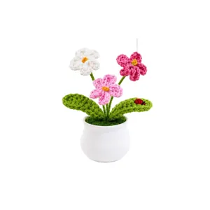 Handmade Crochet Forget-Me-Not Potted Plant Knit Yarn Flower Pot Desktop Decor Ornament