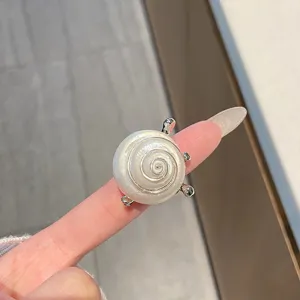 Bohemian marine style metal conch ring detail, unique shell pearl inlaid adjustable open ring.